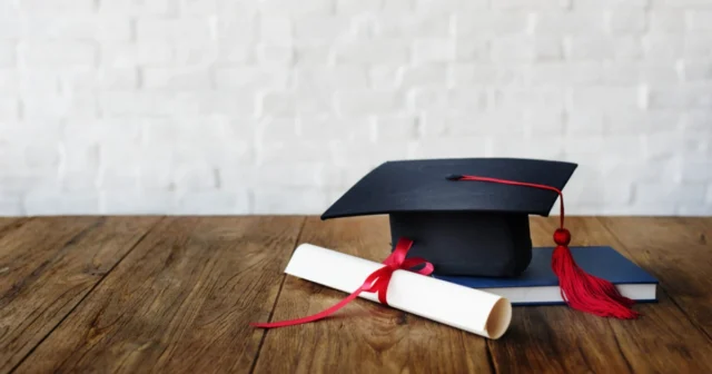mortar board, graduation cap, and a diploma